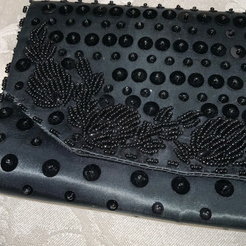 Vtg 1950’s Walborg Black Beaded Fold Over Envelope Clutch Formal Evening Event
